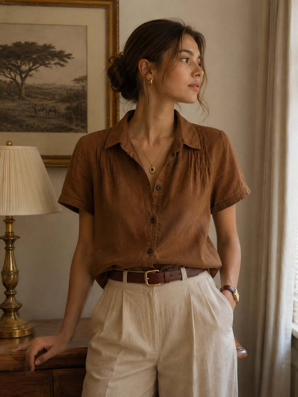 Talbots Irish Linen Brown 100% Linen Button Front Blouse Safari Quiet Luxury Sma